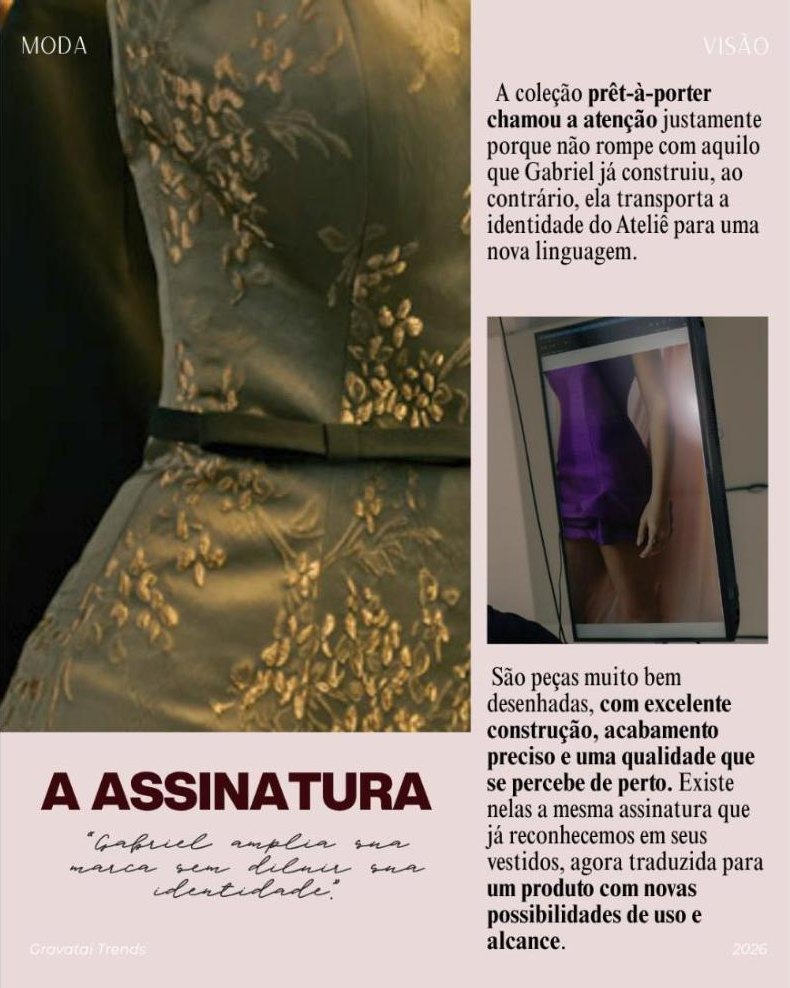 Detalhe de bordado dourado de vestido e tela de prova, título A Assinatura